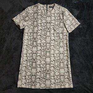 Zara Woman Snakeskin Textured Short Sleeve Round Neck Shift Dress Brown XS
